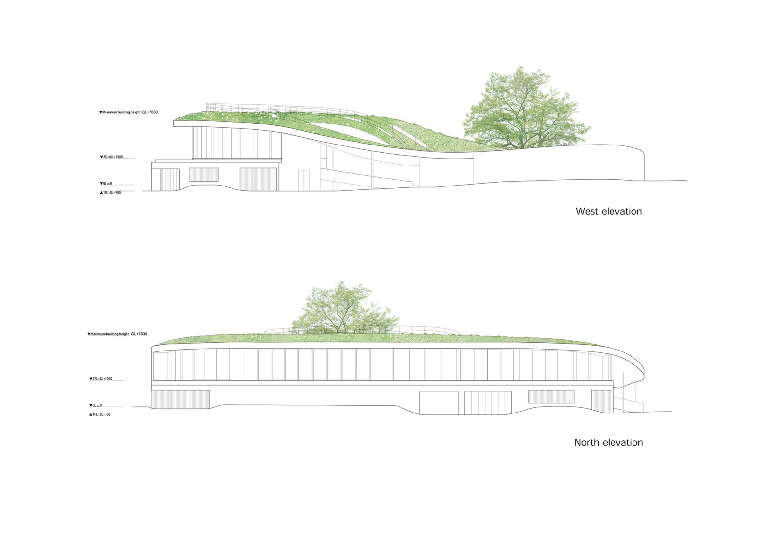 Alzados Este y Norte. Earth por Sou Fujimoto.