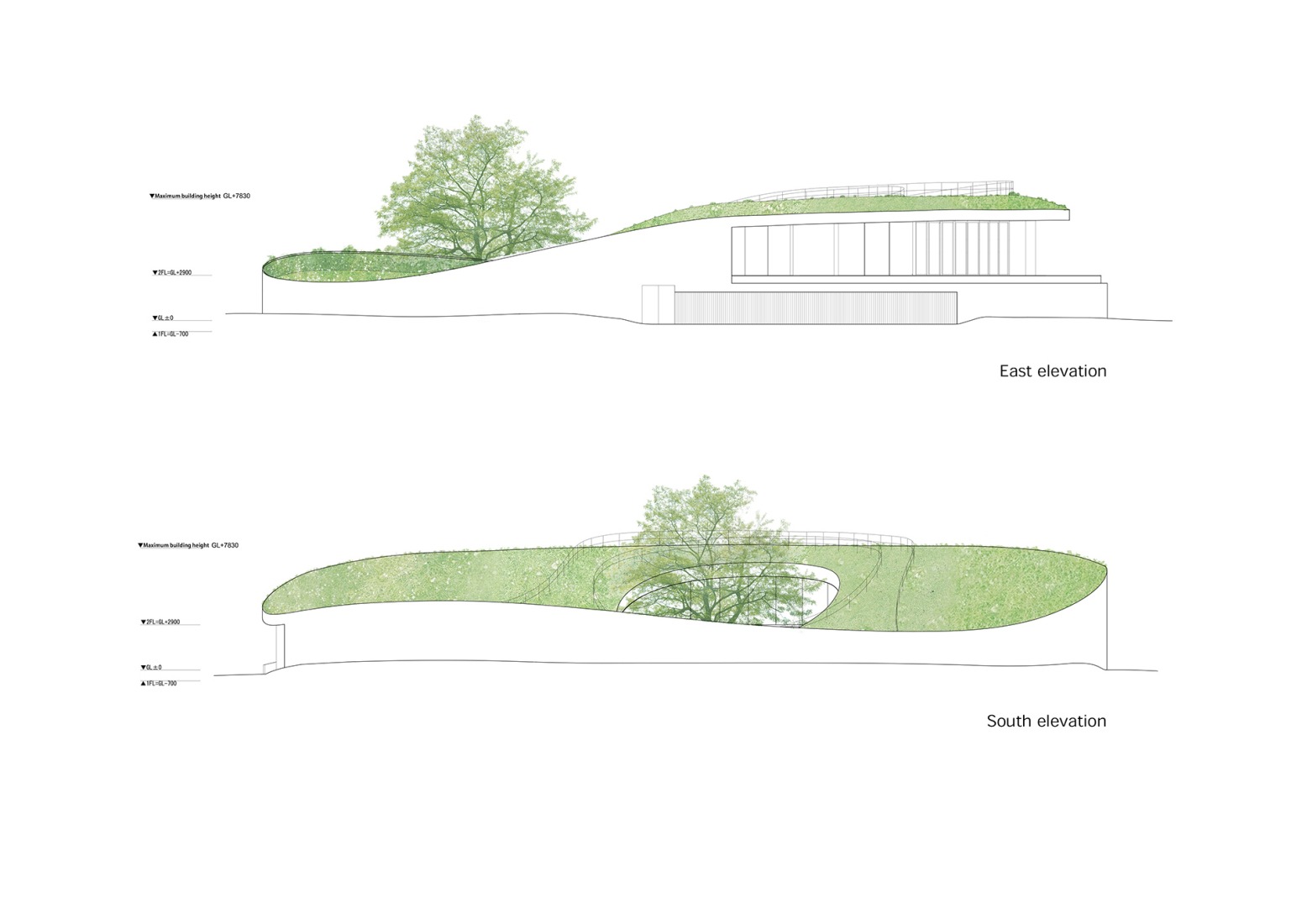 Alzados Oeste y Sur. Earth por Sou Fujimoto.