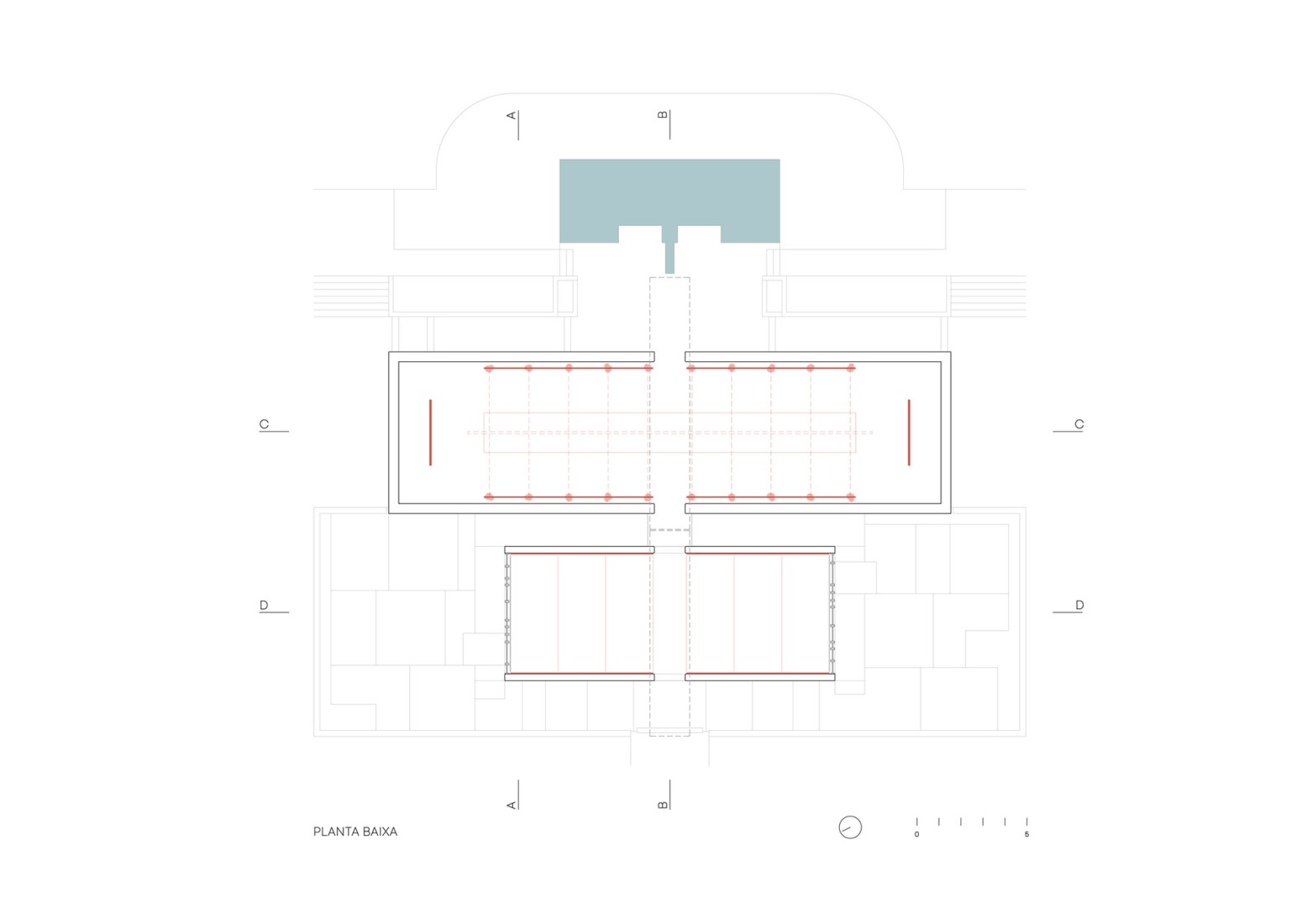 Plano de planta. Vista de la instalación en el Pabellón de Brasil de la XIX Bienal de Arquitectura de Venecia, parte de la exposición (RE)INVENCIÓN. 