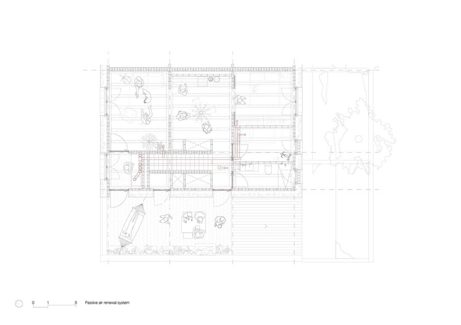 Plano de vivienda. Sistema pasivo de renovación de aire. «Ses Veles Puigpunyent» por Alventosa Morell Arquitectes y Joan Josep Fortuny Giró.