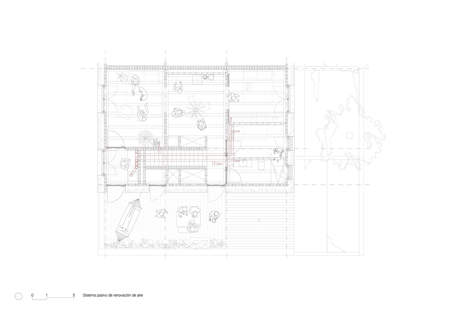 Plano de vivienda. Sistema pasivo de renovación de aire. «Ses Veles Puigpunyent» por Alventosa Morell Arquitectes y Joan Josep Fortuny Giró.