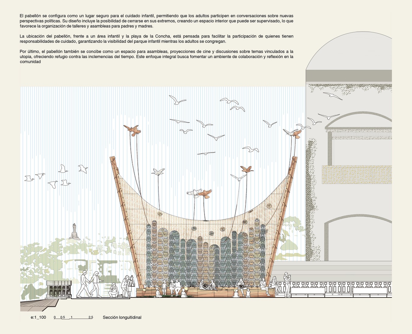Sección longitudinal. Levedad y denuncia: el bordado como utopía en femenino por Izaskun Chinchilla Architects. Imagen cortesía por Mugak/2025. Sección longitudinal. Levedad y denuncia: el bordado como utopía en femenino por Izaskun Chinchilla Architects. Imagen cortesía por Mugak/2025.