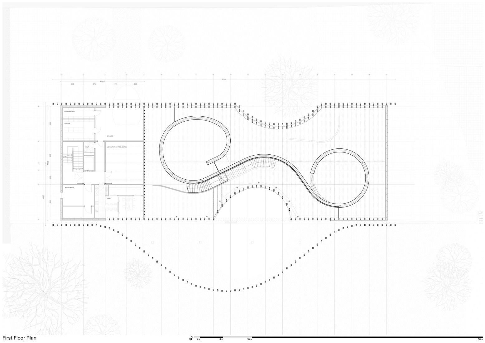 Plano de primera planta. Museo Ehrhardt por Kéré architecture y HK Architekten. Plano de primera planta. Museo Ehrhardt por Kéré architecture y HK Architekten.