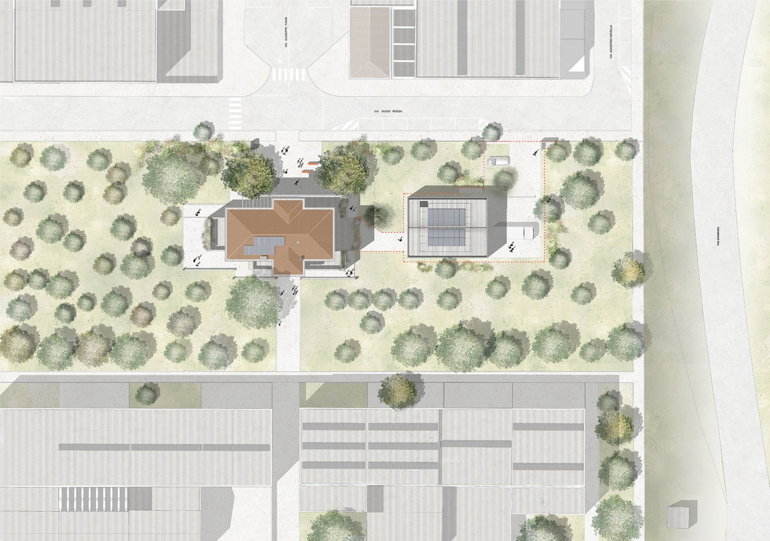 Plano de situación. Distrito Solidario de Cesena por Pier Currà Architettura. 