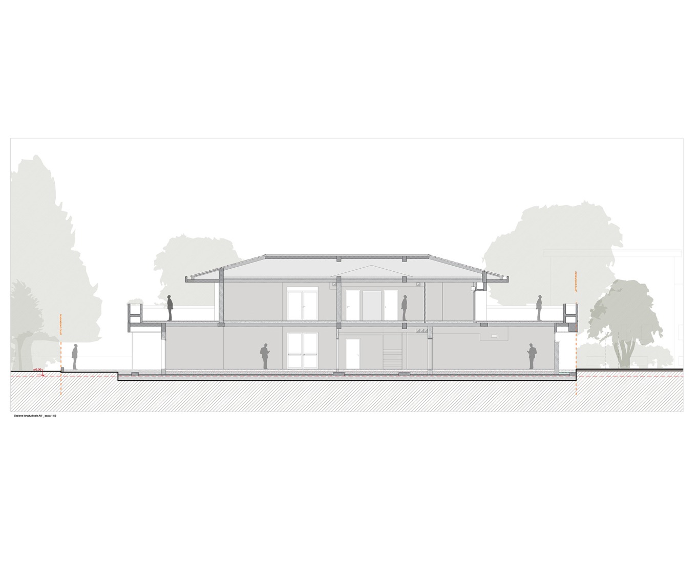 Sección edificio principal. Distrito Solidario de Cesena por Pier Currà Architettura. 