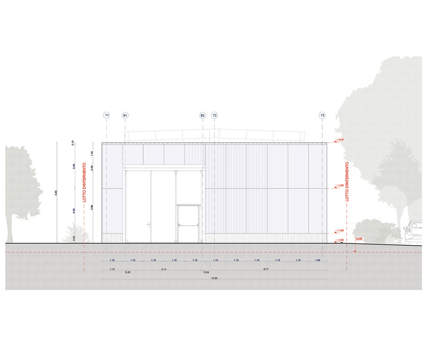 Alzado acceso edificio anexo. Distrito Solidario de Cesena por Pier Currà Architettura. 