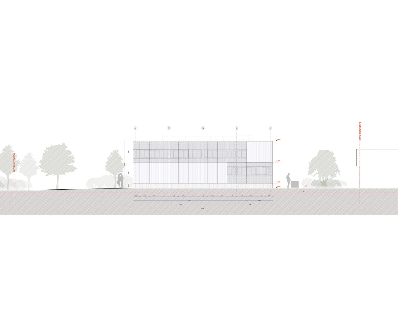 Alzado lateral edificio anexo. Distrito Solidario de Cesena por Pier Currà Architettura. 