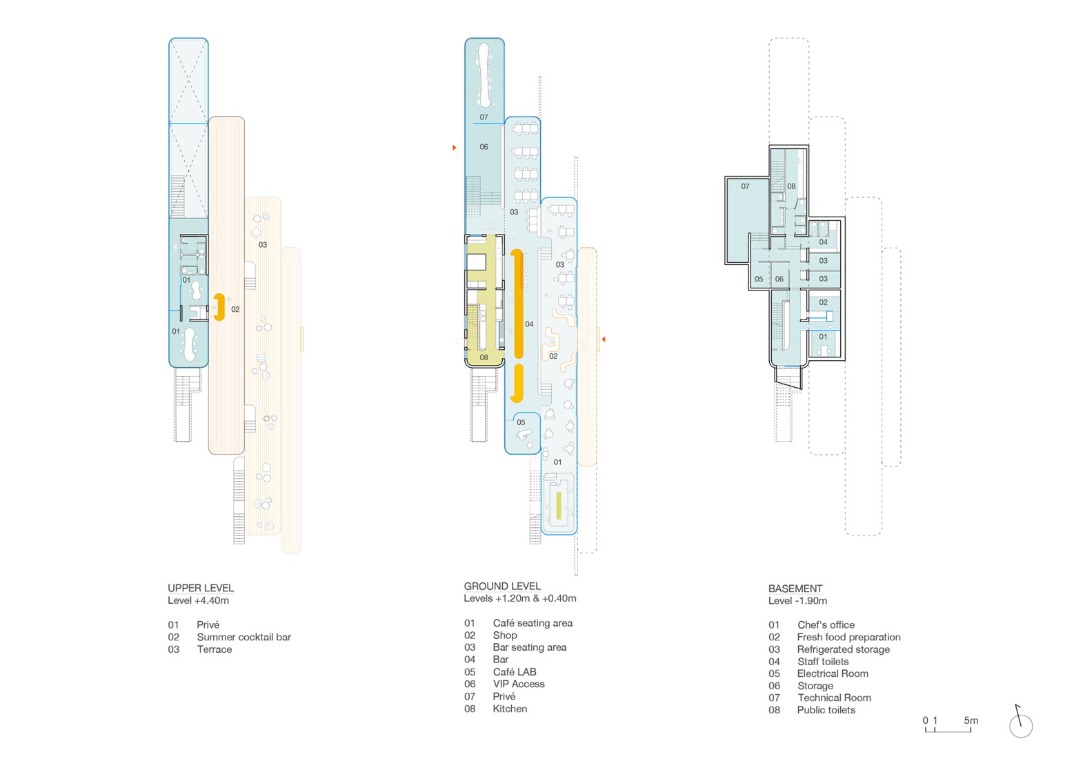 Upper level, ground level, basemente level floor plans. "Chiringuito Café" by SelgasCano. Upper level, ground level, basemente level floor plans. "Chiringuito Café" by SelgasCano.