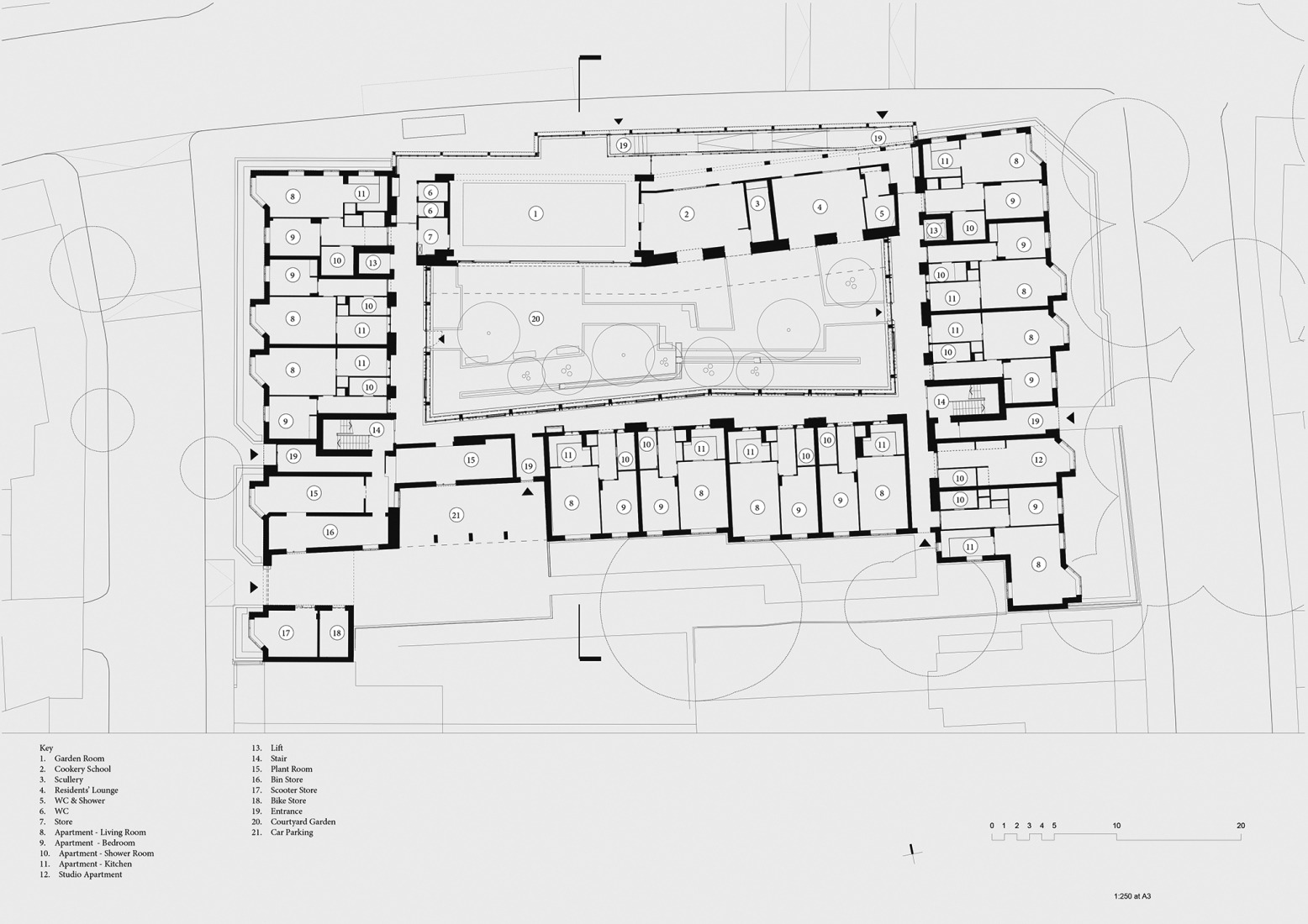 Plano planta de acceso. Residencia para mayores Appleby Blue por Witherford Watson Mann Architects.