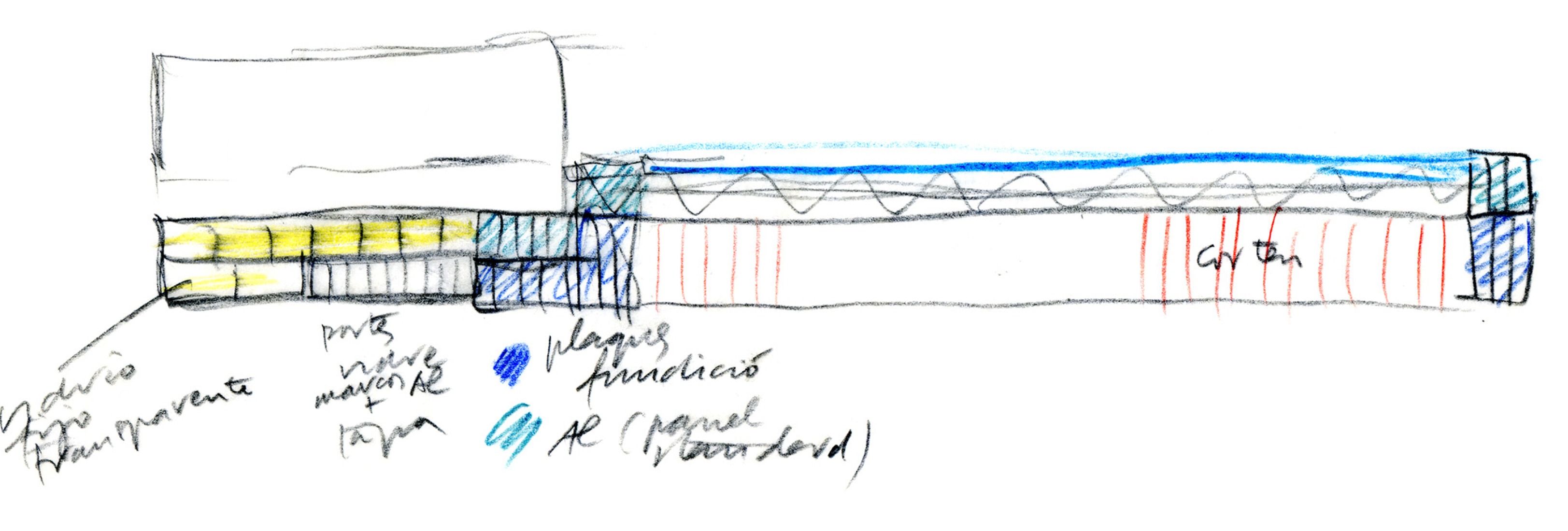 Dibujo original de CCIB, Centro Internacional de convenciones de Barcelona, 2002. Cortesía de Mateo Arquitectura.