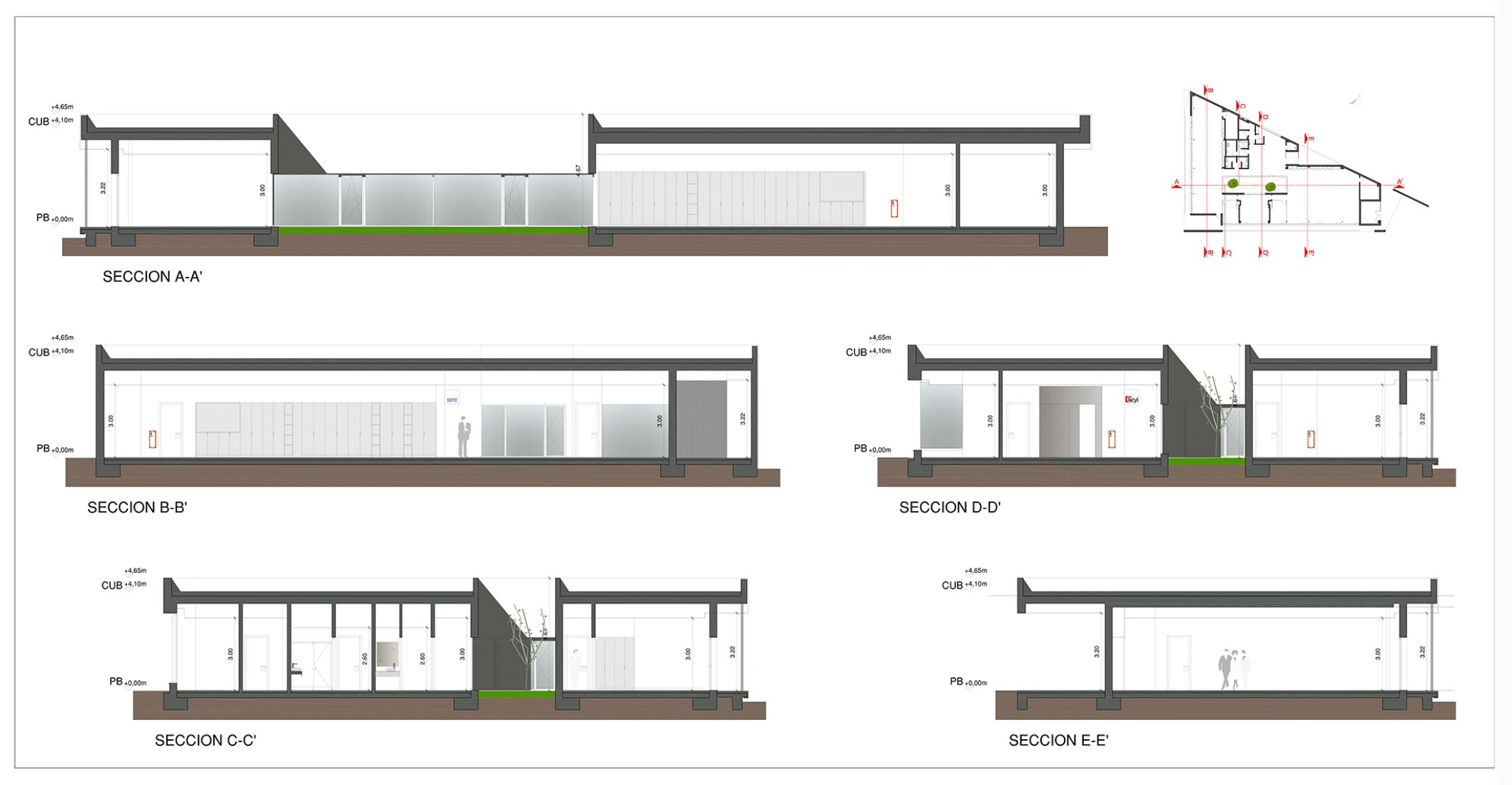 Plano de secciones. Edificio para ECYL y SEPE por Marcos Rico Arquitectos. 