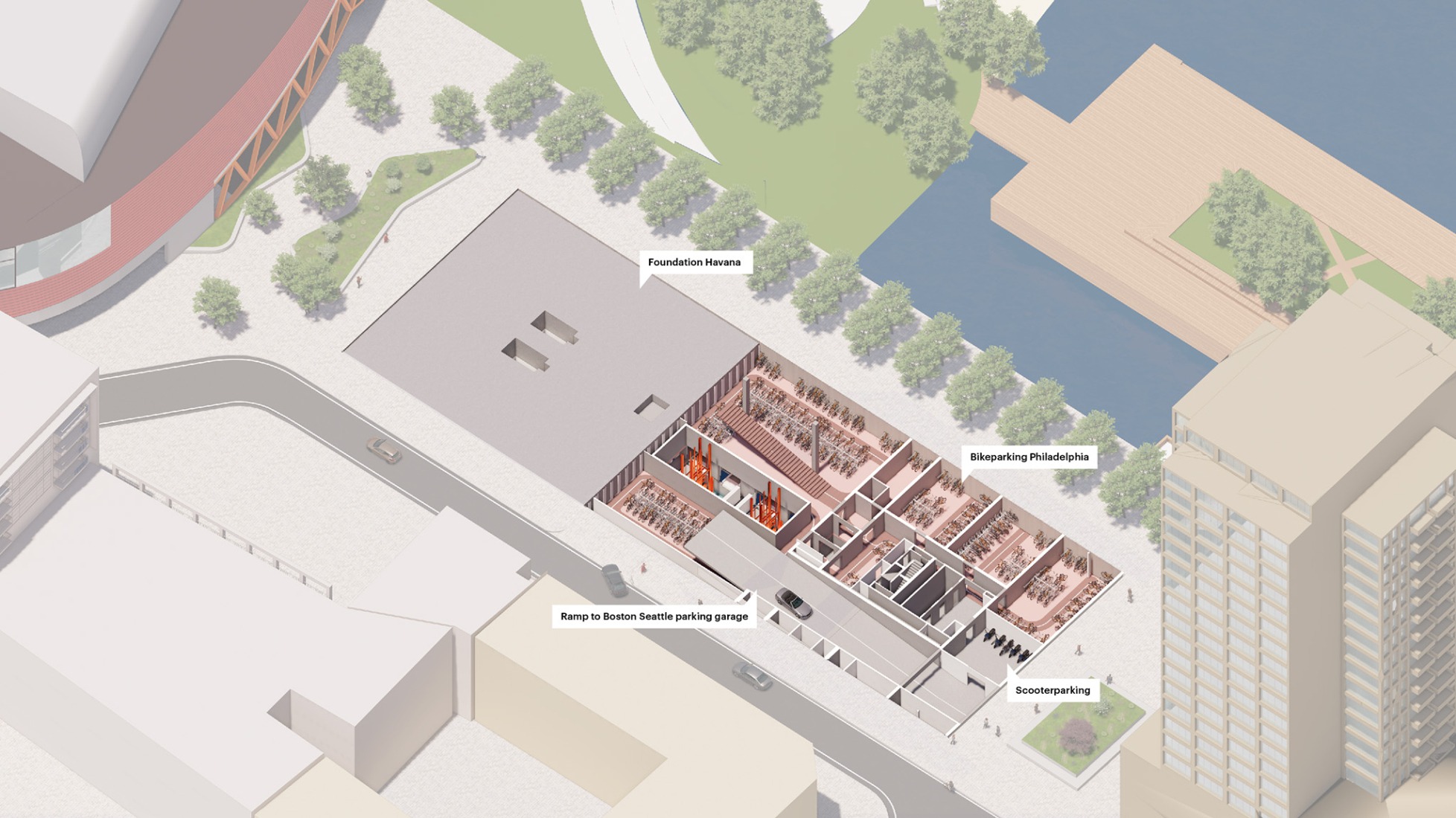 Axonometría, aparcamiento para bicicletas. The Sax por MVRDV.