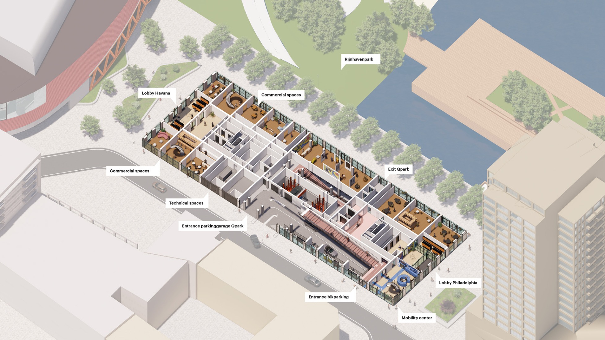Axonometría, planta baja. The Sax por MVRDV.