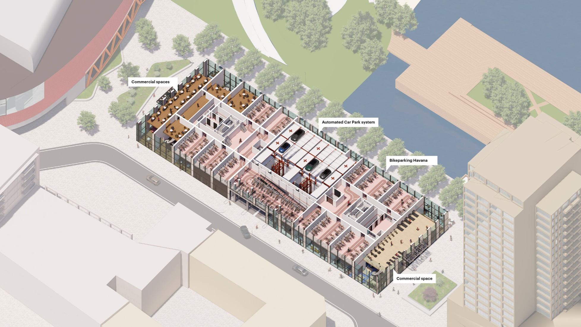 Axonometría, primera planta. The Sax por MVRDV.
