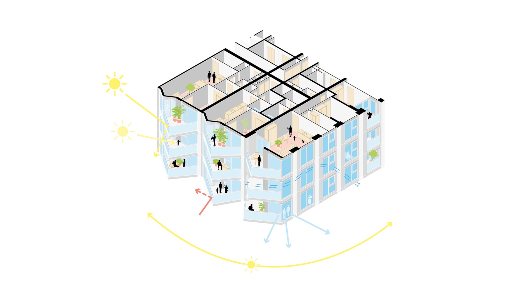 Axonometría, diagrama de apartamentos. The Sax por MVRDV.