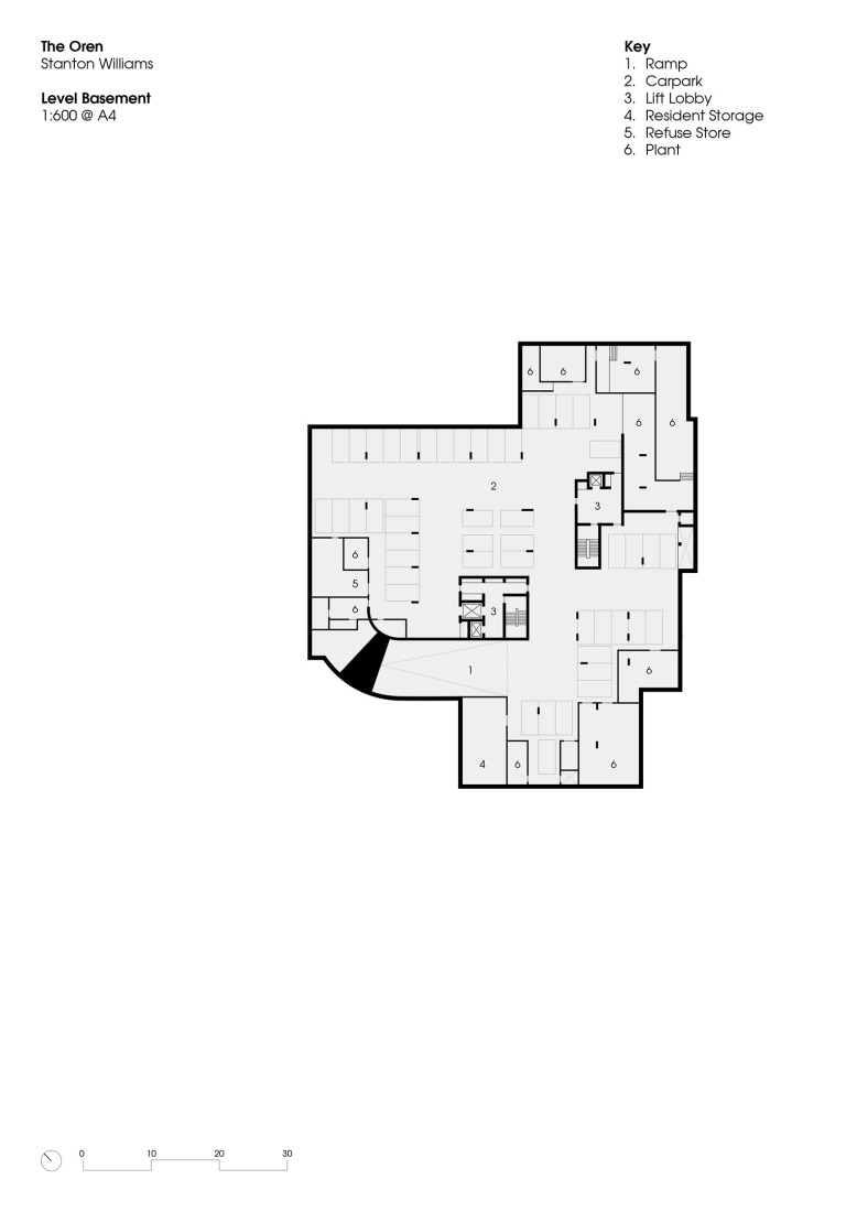 Basement floor plan. "The Oren" residential complex by Stanton Williams.