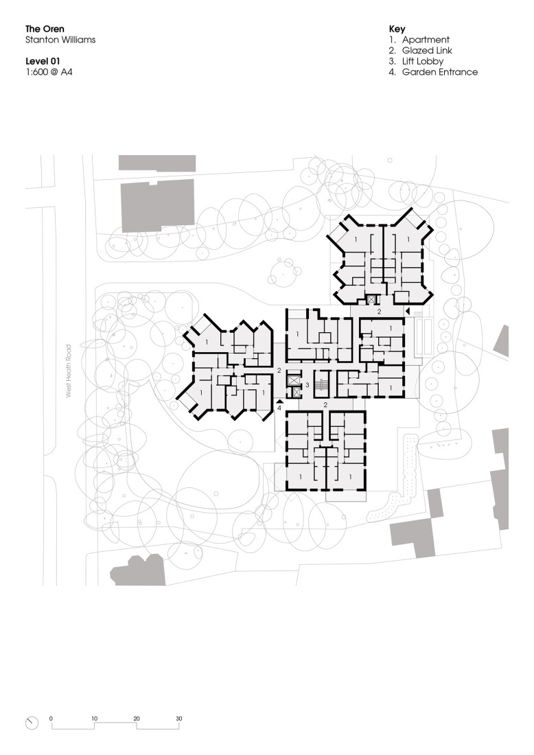 First floor plan. "The Oren" residential complex by Stanton Williams.