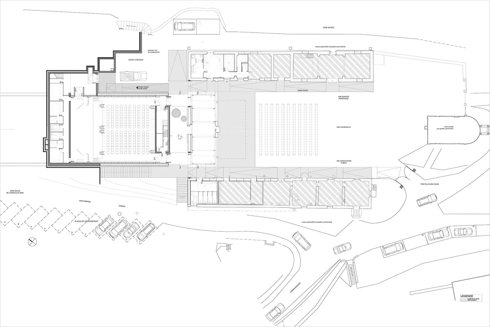 Ground floor plan. Multi-purpose hall in Châteaufort by Berellini Architecte.