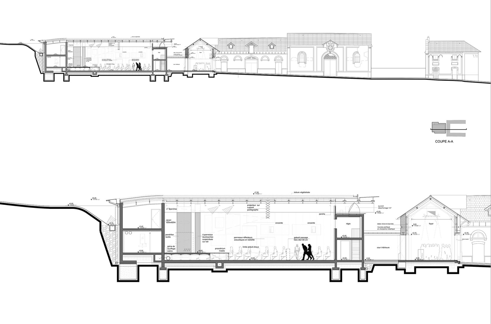 Section. Multi-purpose hall in Châteaufort by Berellini Architecte.