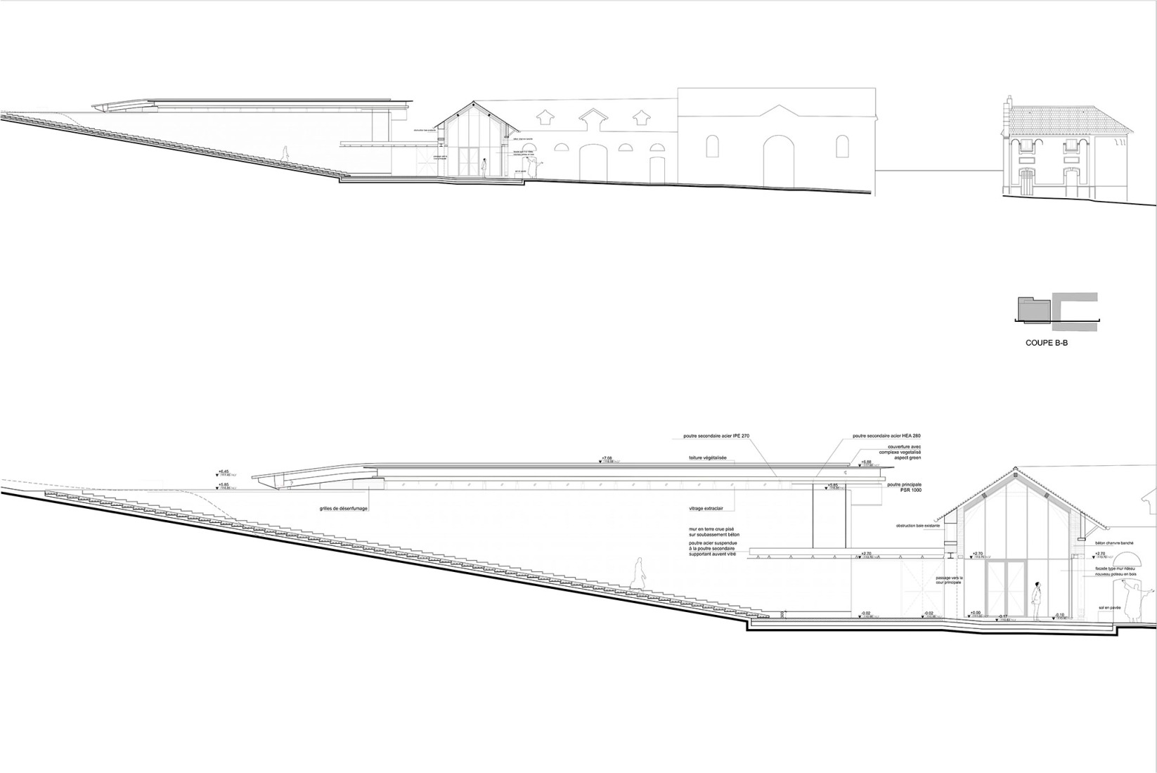 Section. Multi-purpose hall in Châteaufort by Berellini Architecte.