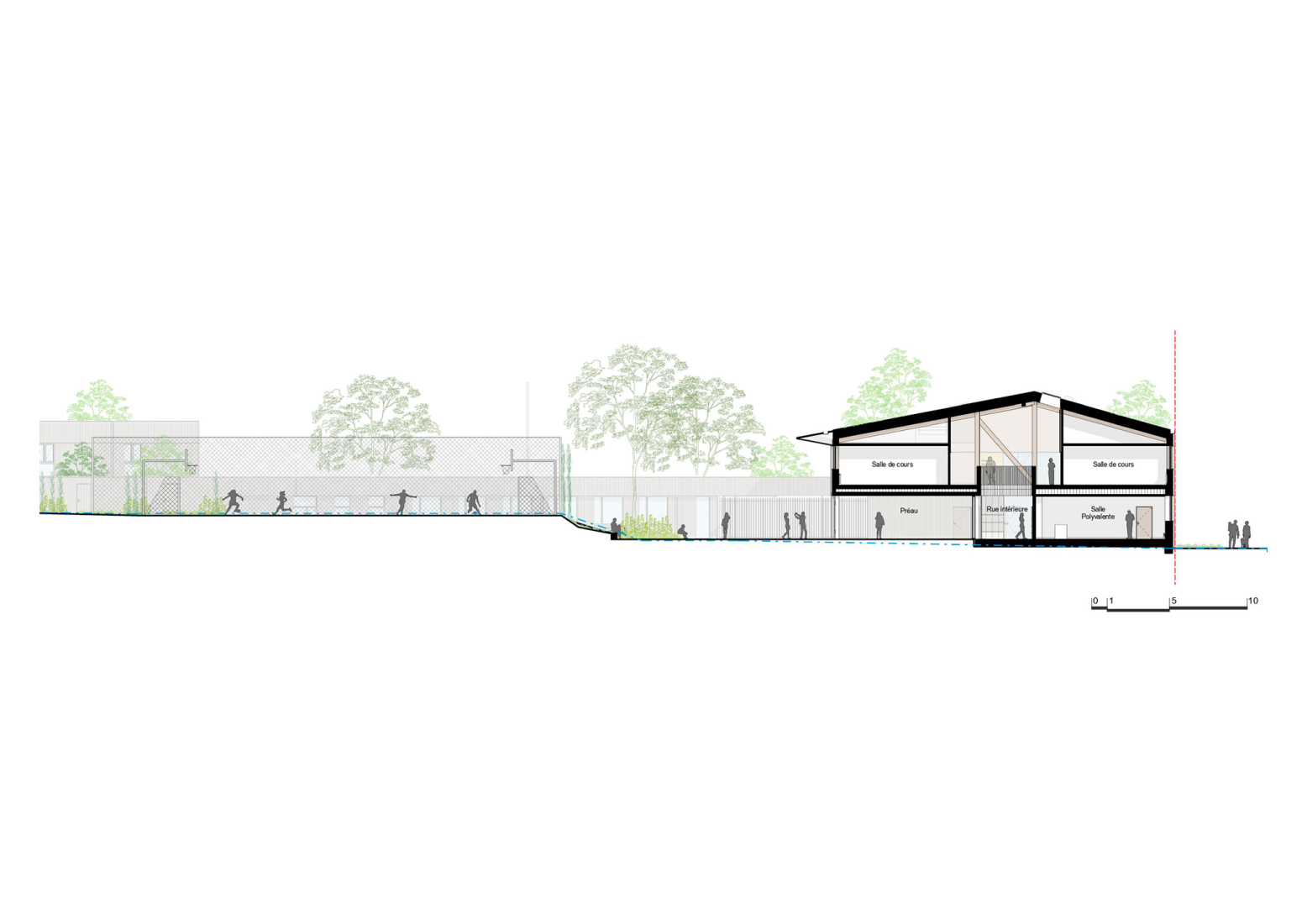 Cross-section of main school building. Robert Badinter Secondary School by Coldefy.