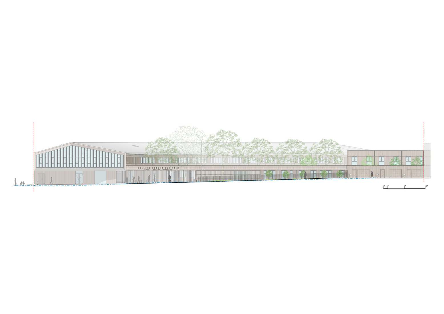 Elevation, West facade facing the street. Robert Badinter Secondary School by Coldefy.
