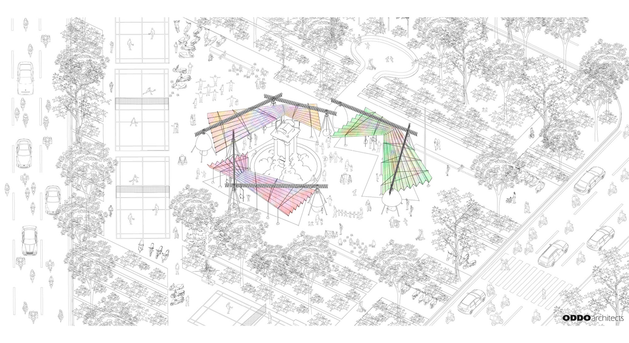 Axonometría. Pabellón T10A por ODDO architects.