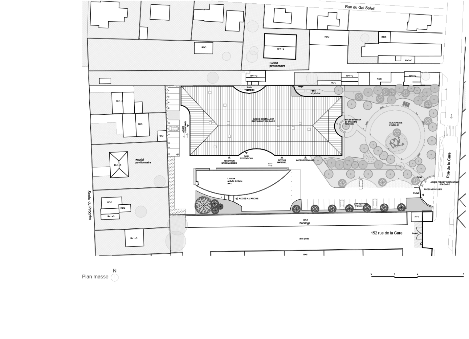 Site plan. Construction of a central kitchen and a community restaurant in Ermont by Ateliers O-S architectes. 