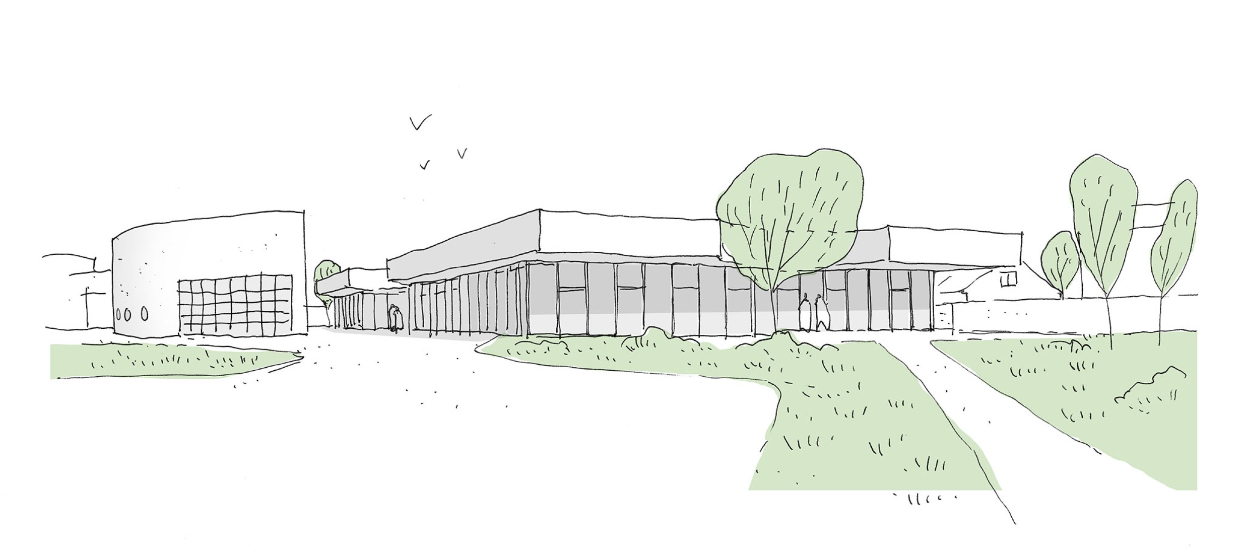 Sketch. Construction of a central kitchen and a community restaurant in Ermont by Ateliers O-S architectes.