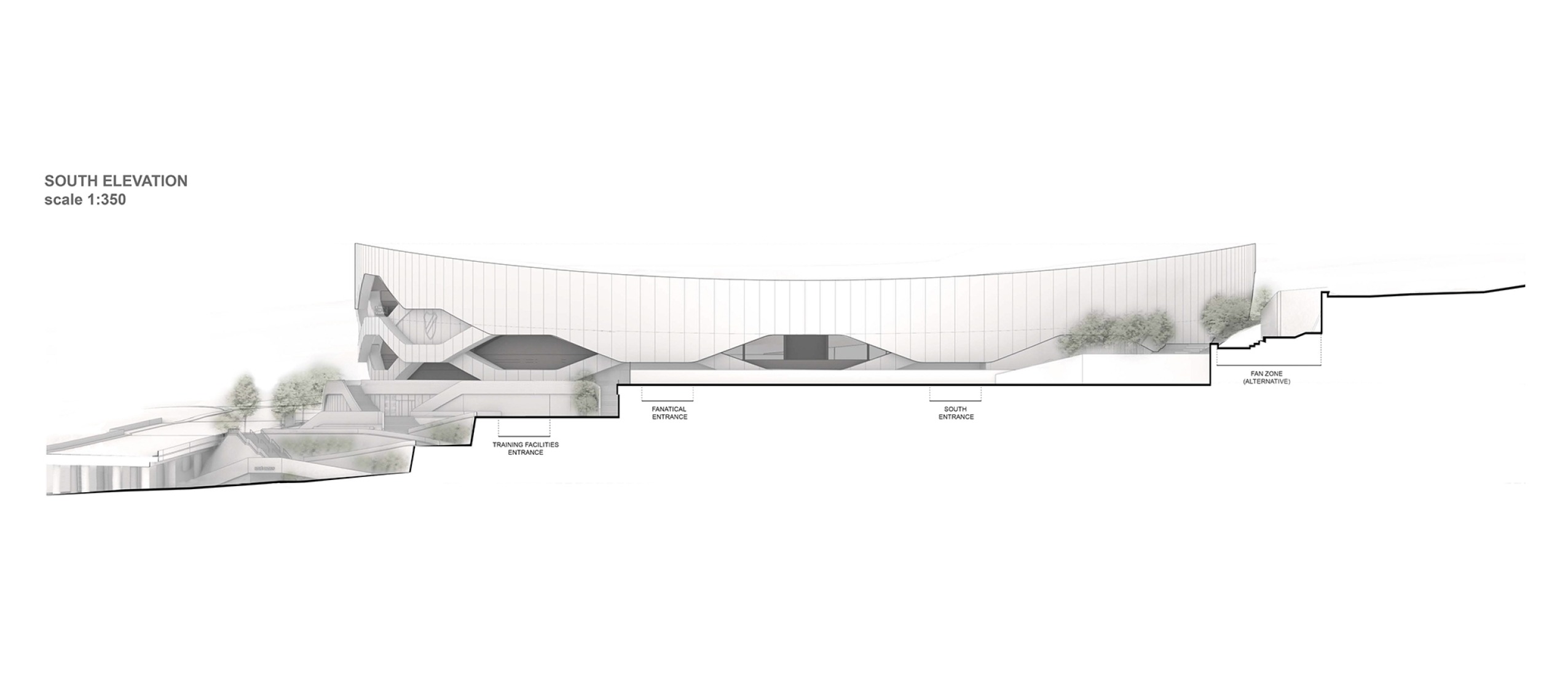 South elevation. Nové Bazaly Stadium by L35 Architects.
