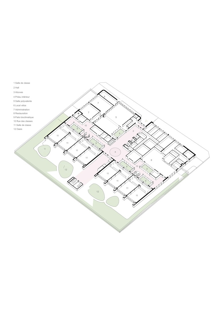 Axonometry. Simone Veil School Complex by Le Penhuel et Associés. 