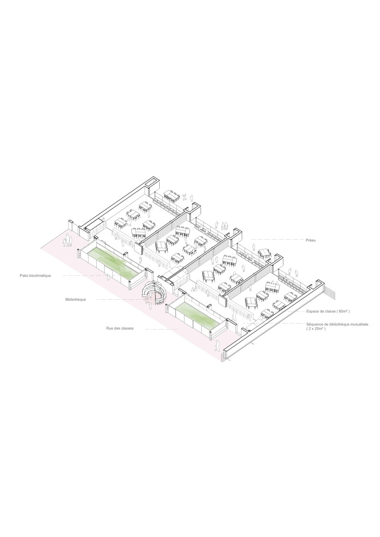 Axonometry. Simone Veil School Complex by Le Penhuel et Associés. 
