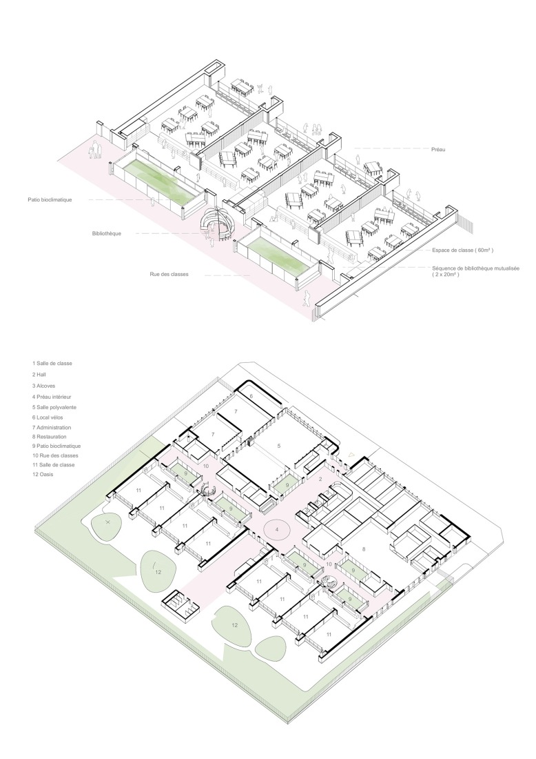 Axonometry. Simone Veil School Complex by Le Penhuel et Associés. 