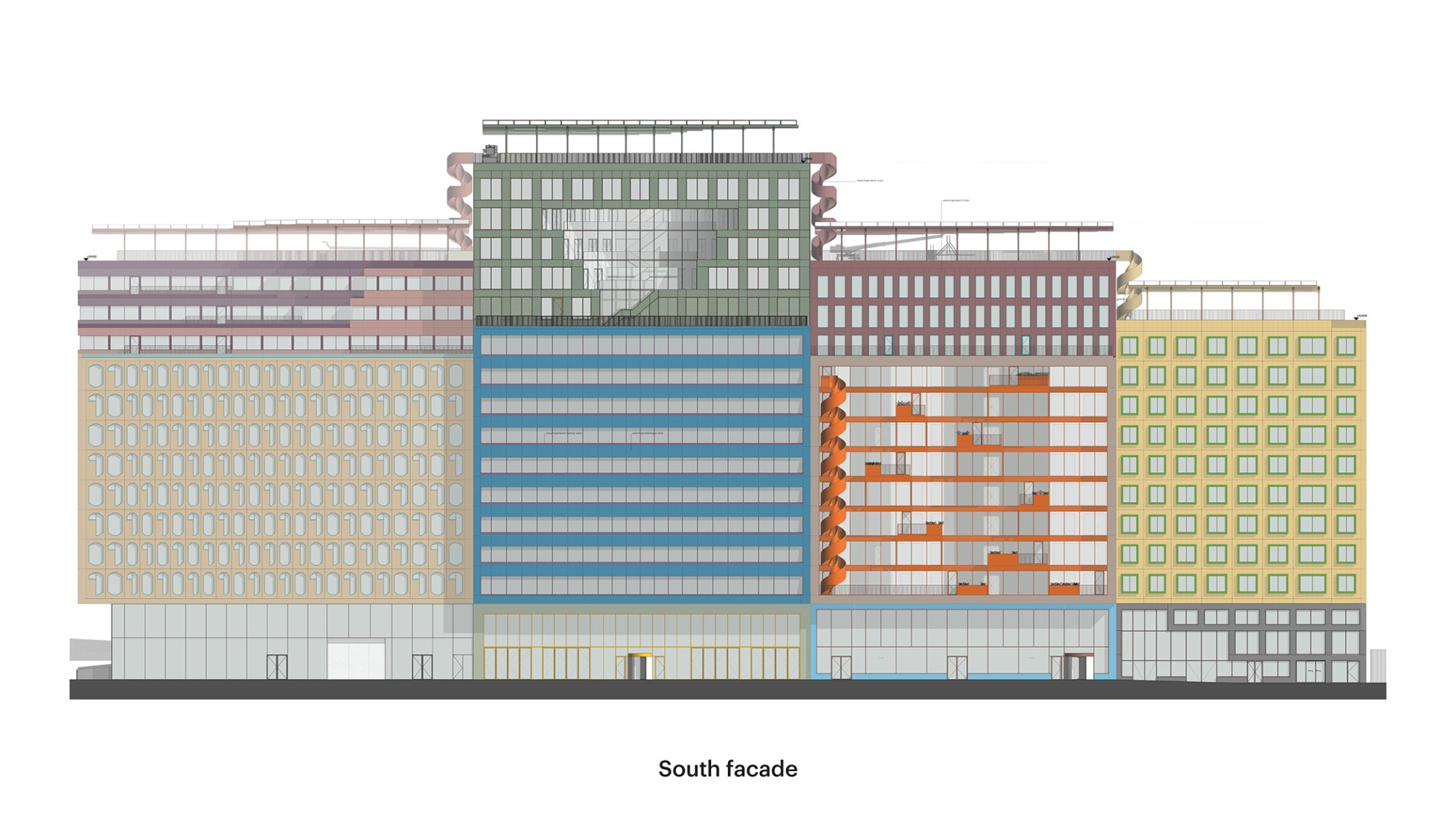 South elevation. Schieblocks by MVRDV. Image courtesy of MVRDV.