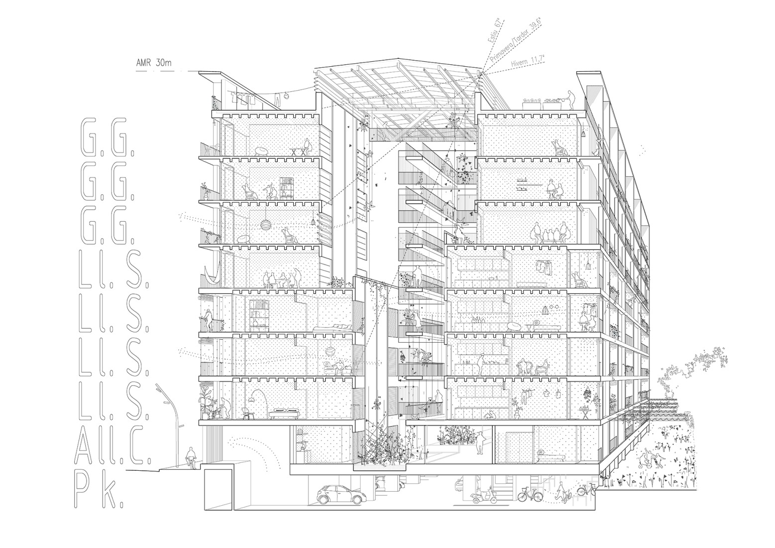 Perspective section. GREENH@USE, 140 viviendas sociales por Peris + Toral Arquitectes.