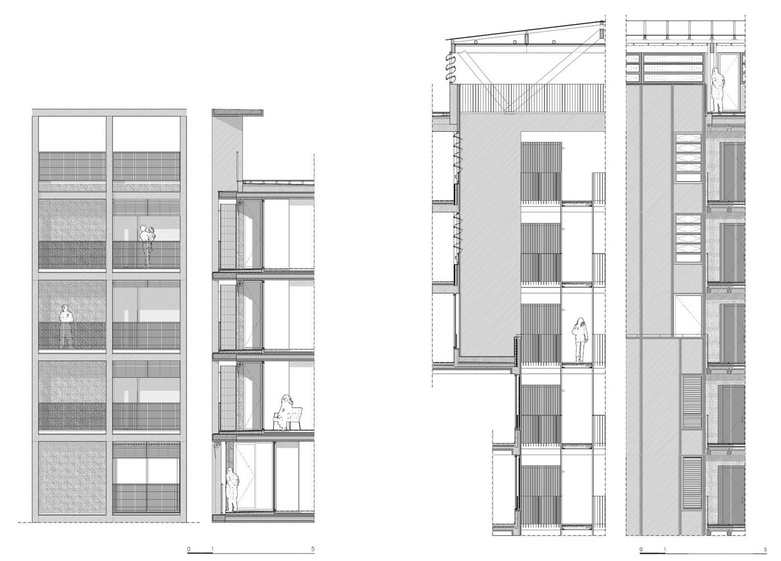 Construction section: exterior façade / interior façade. GREENH@USE, 140 viviendas sociales por Peris + Toral Arquitectes.