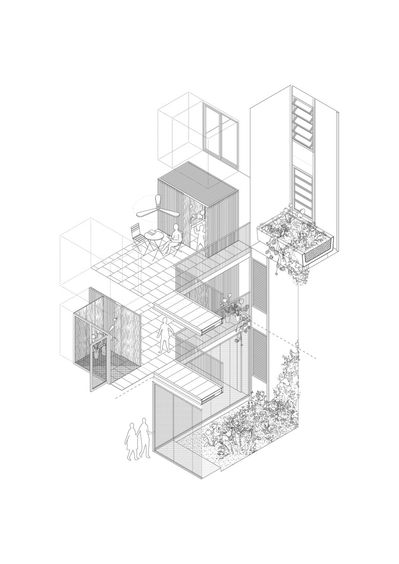 Axonometry. GREENH@USE, 140 viviendas sociales por Peris + Toral Arquitectes.