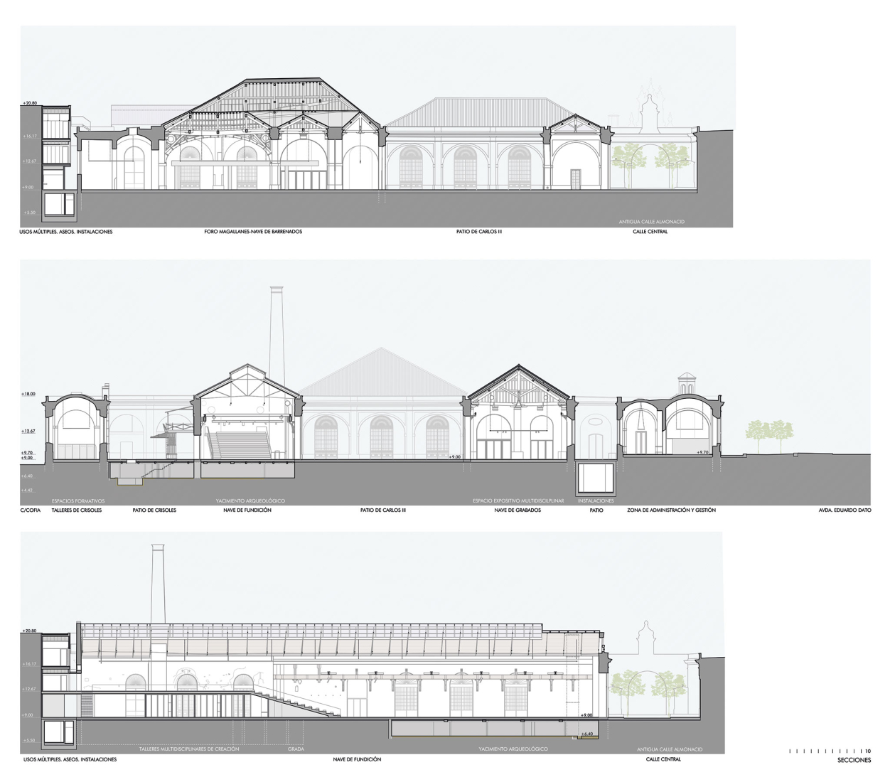Sections. "Centro Magallanes_ICC" at the Royal Artillery Factory of Seville by Reina & Asociados.