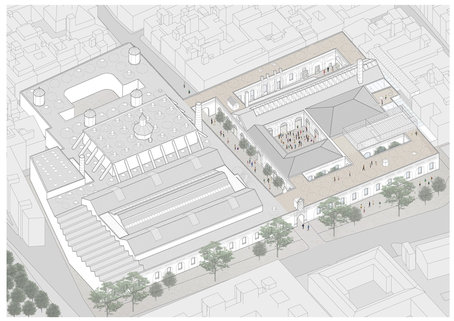 Axonometry. "Centro Magallanes_ICC" at the Royal Artillery Factory of Seville by Reina & Asociados.