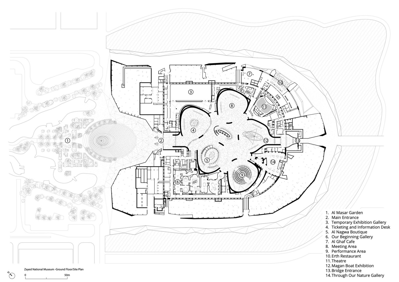 Ground and site floor plan. Zayed National Museum by Foster + Partners. 