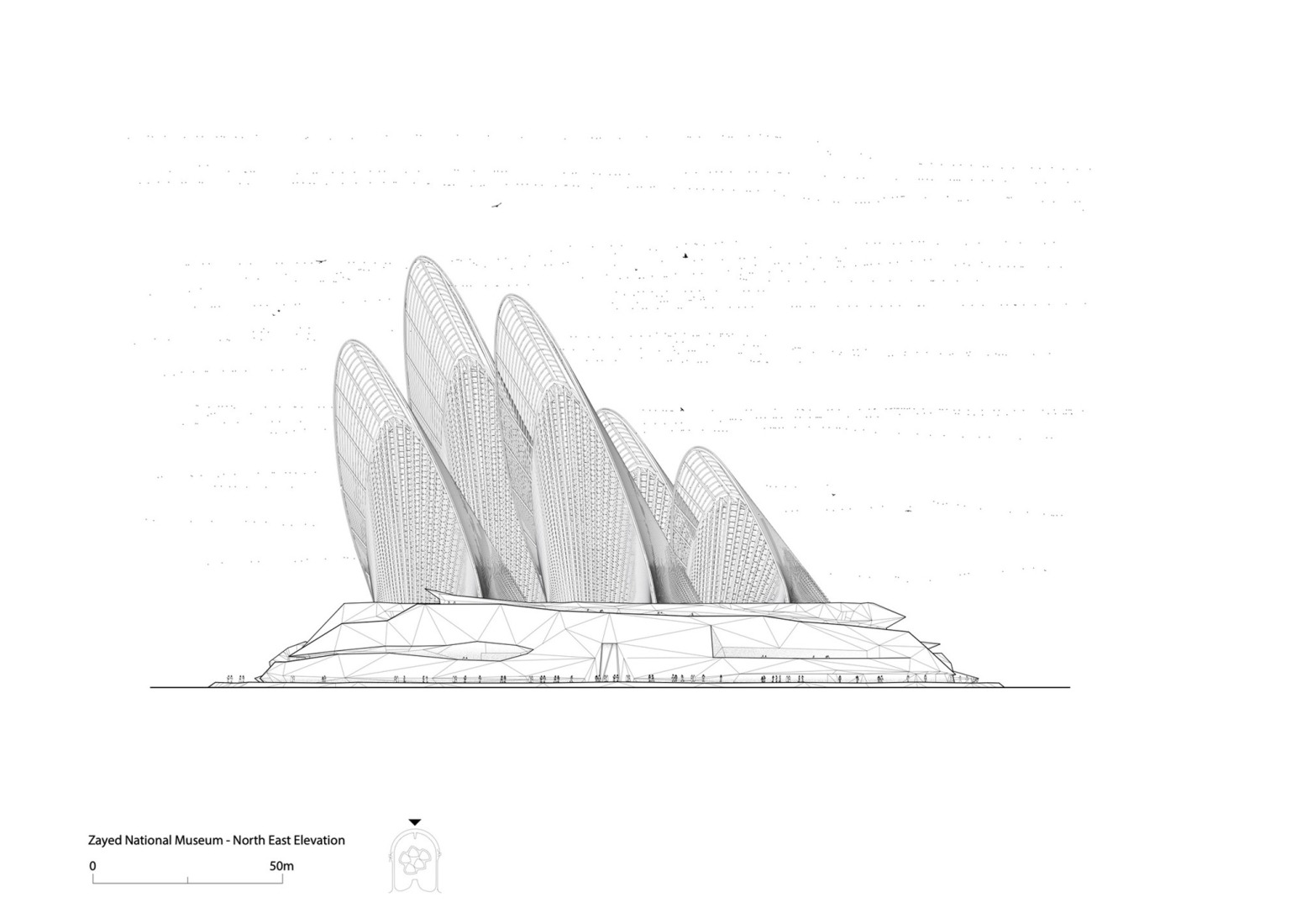 North East elevation. Zayed National Museum by Foster + Partners. 