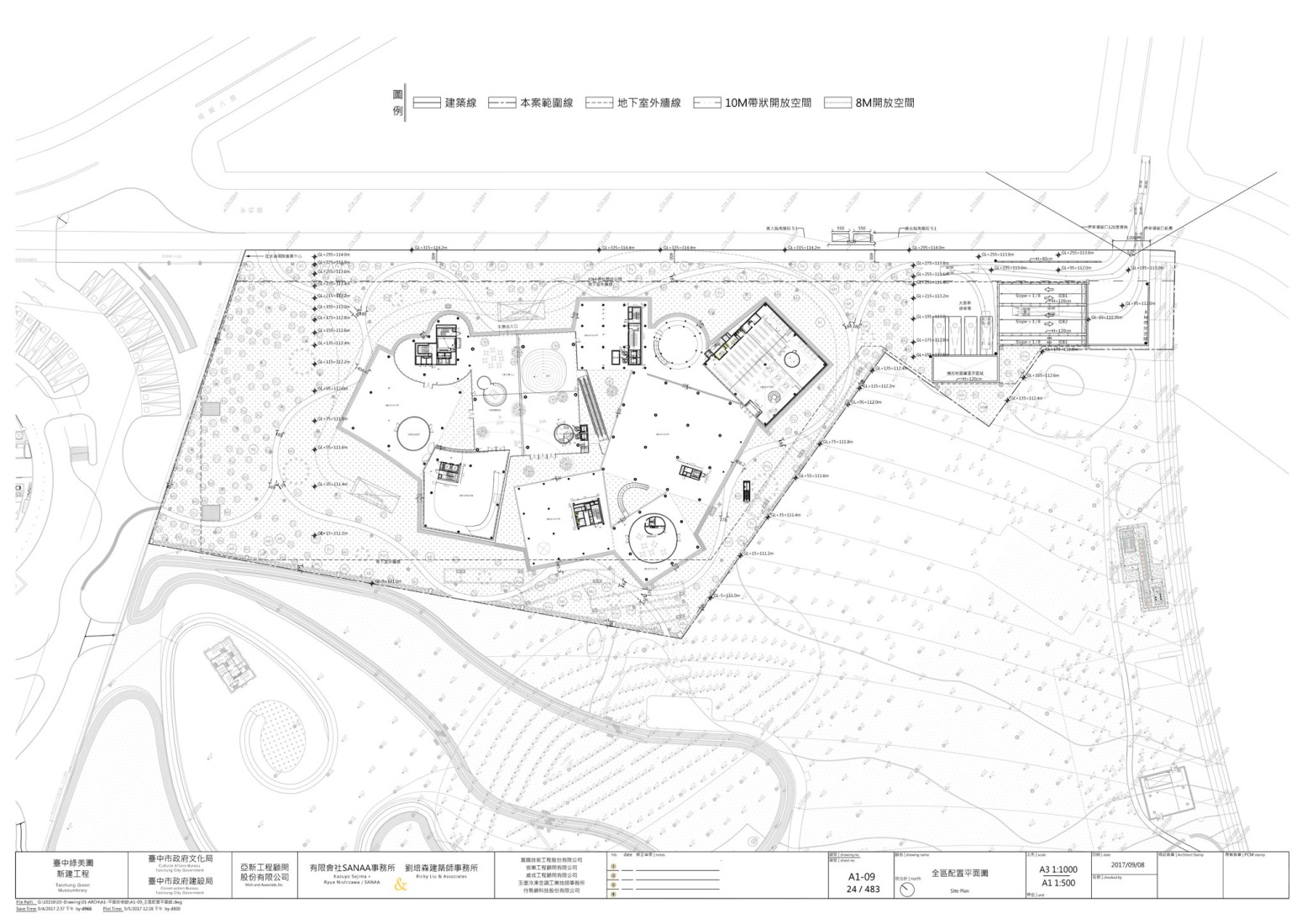 Plano de planta baja. Museo-biblioteca verde de Taichung por SANAA. 