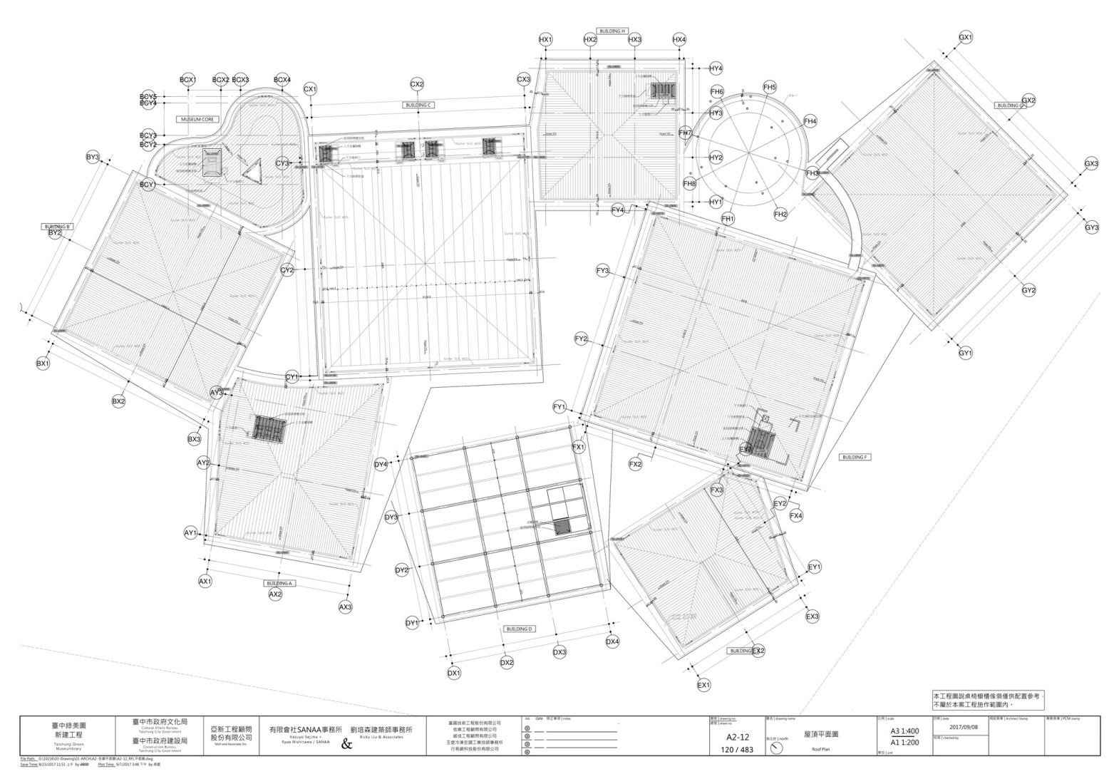 Plano de cubierta. Museo-biblioteca verde de Taichung por SANAA. 