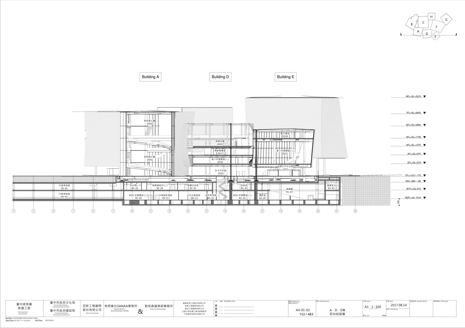 Sección por edificios ADE. Museo-biblioteca verde de Taichung por SANAA. 