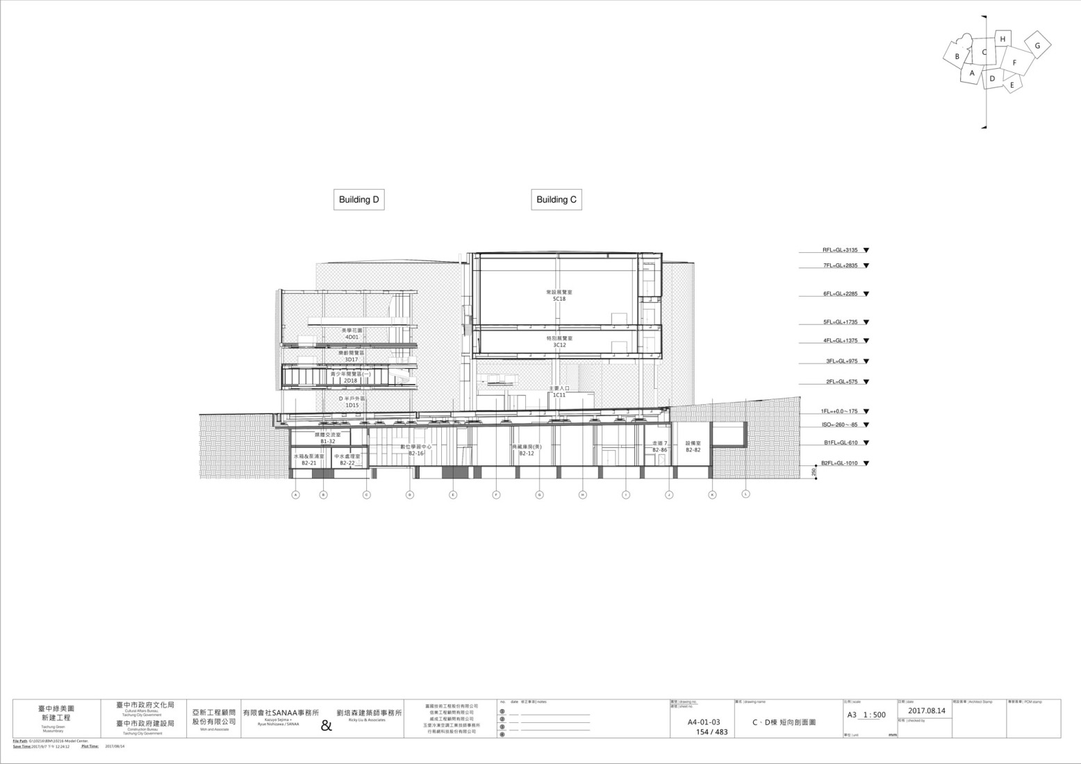 Sección por edificios CD. Museo-biblioteca verde de Taichung por SANAA. 