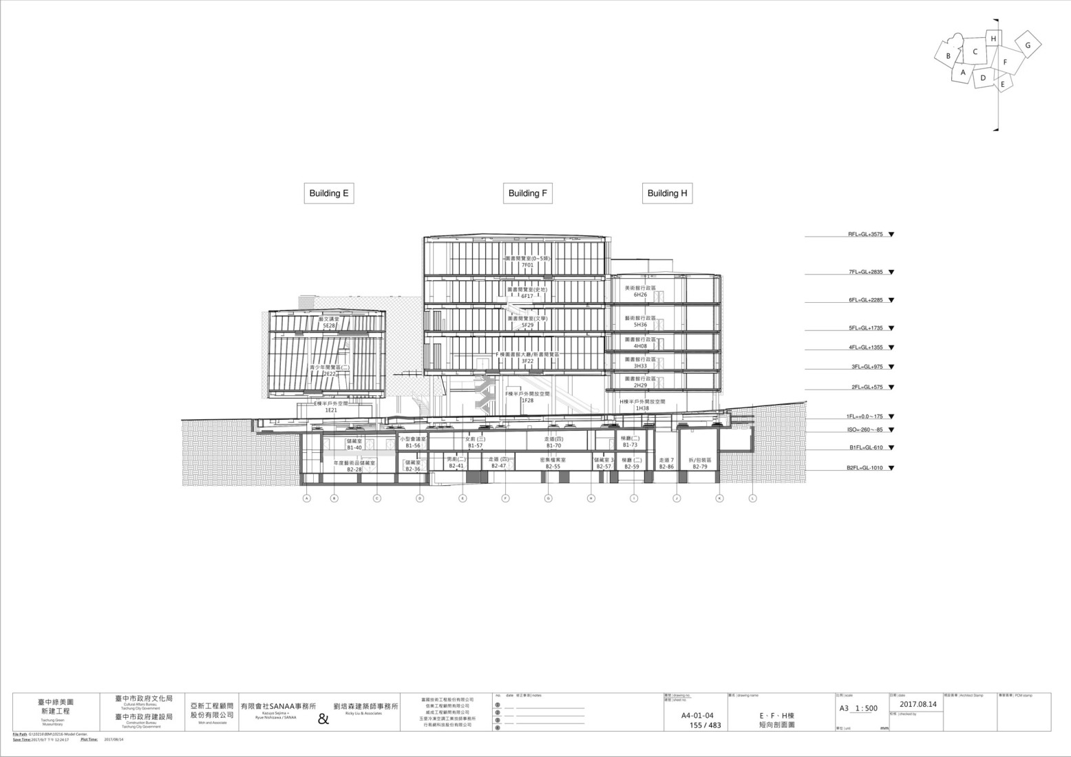 Sección por edificios HFE. Museo-biblioteca verde de Taichung por SANAA. 