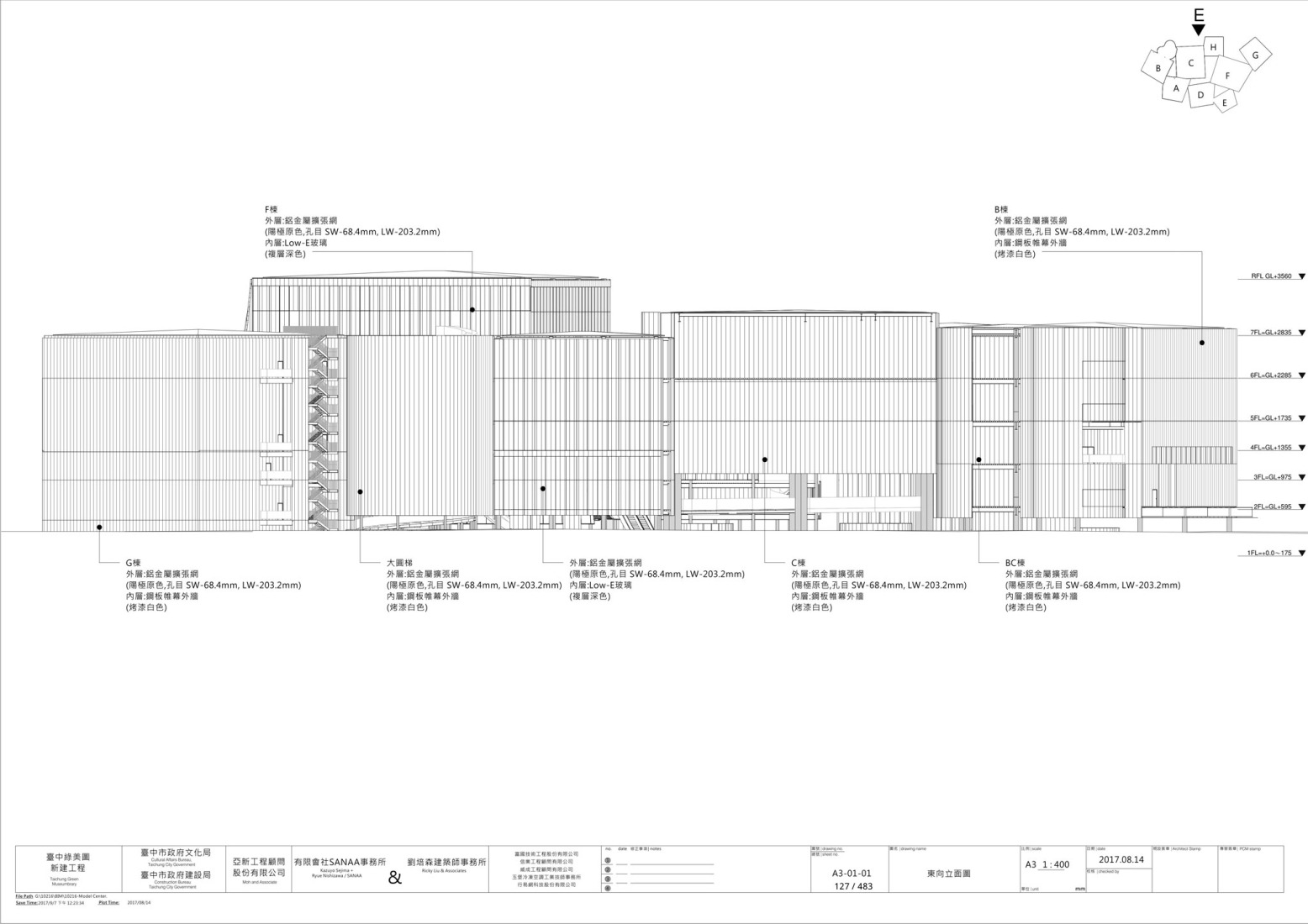 Alzado este. Museo-biblioteca verde de Taichung por SANAA. 