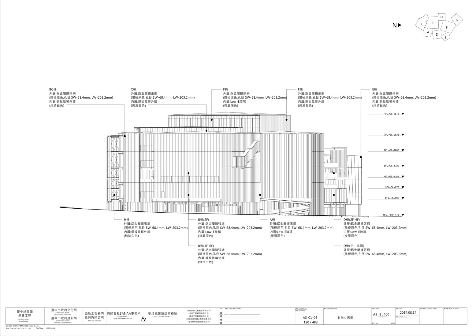 Alzado norte. Museo-biblioteca verde de Taichung por SANAA. 