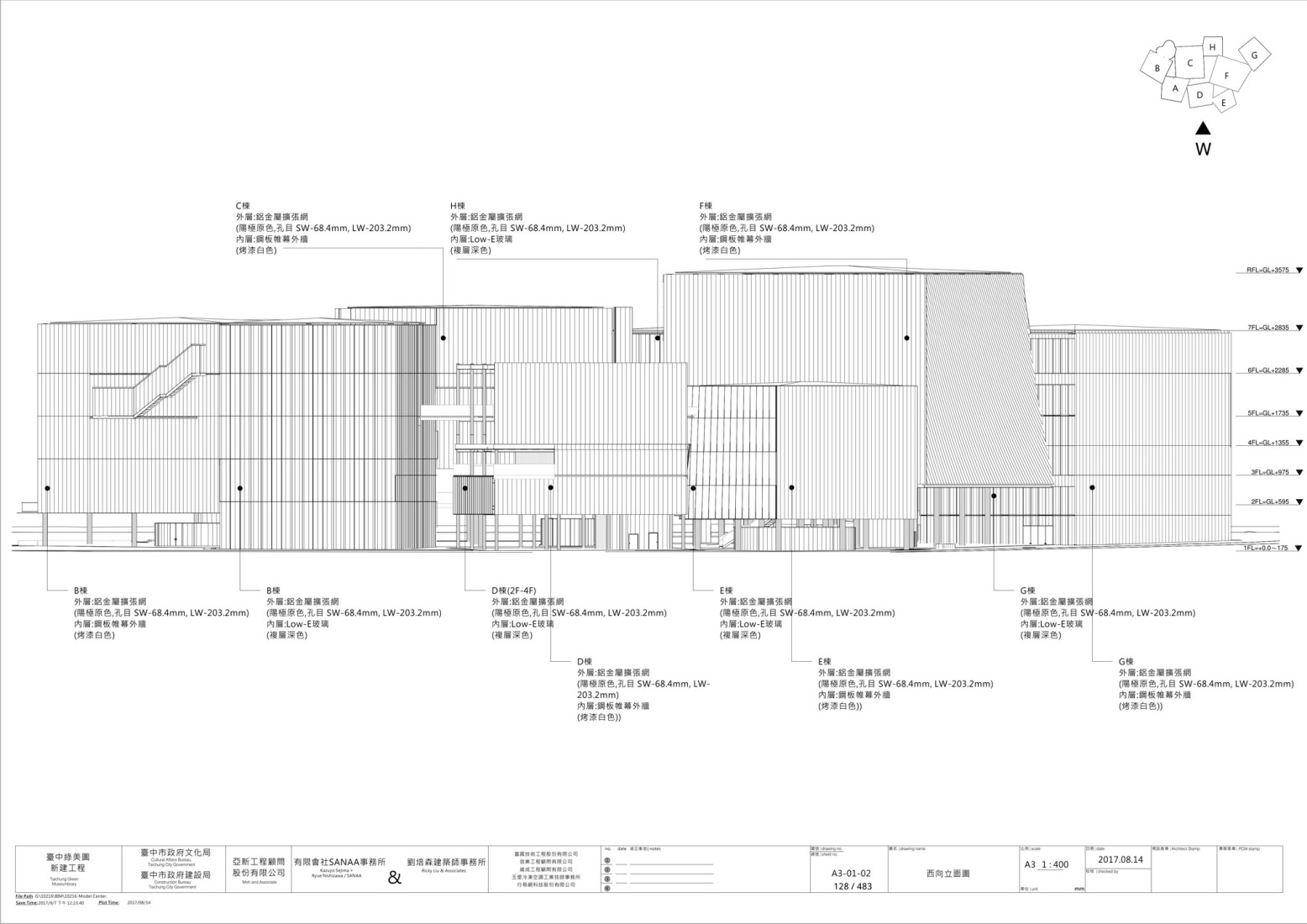 Alzado oeste. Museo-biblioteca verde de Taichung por SANAA. 