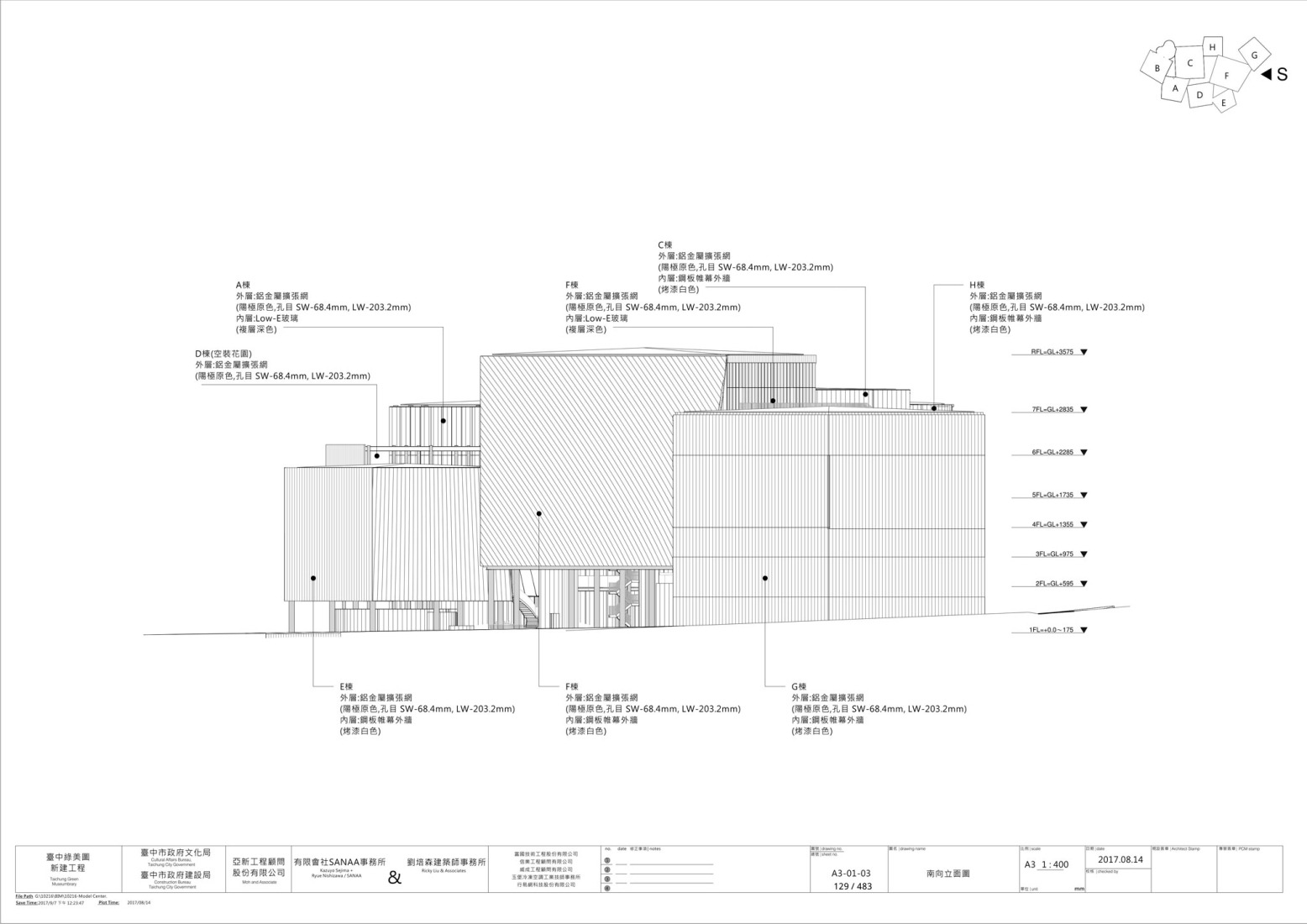 Alzado sur. Museo-biblioteca verde de Taichung por SANAA. 